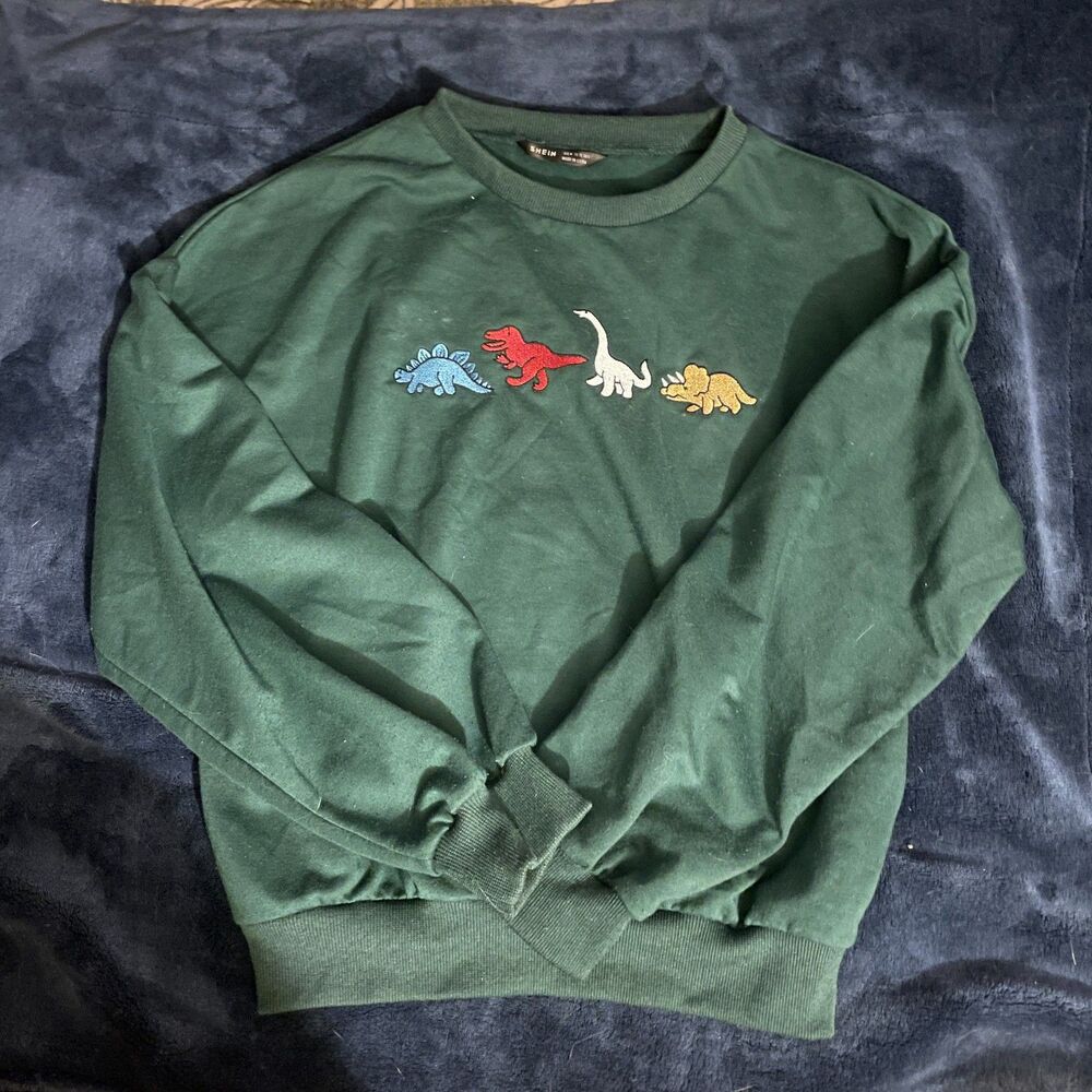 Green Drop Shoulder Embroidered Dinosaur Pullover, Women's S